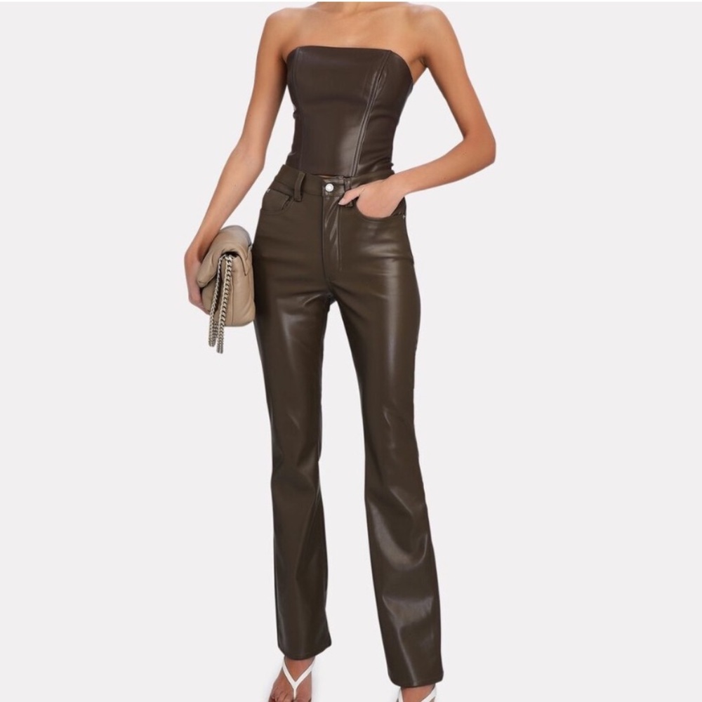 WeWoreWhat Vegan Leather ankle flare pant brown